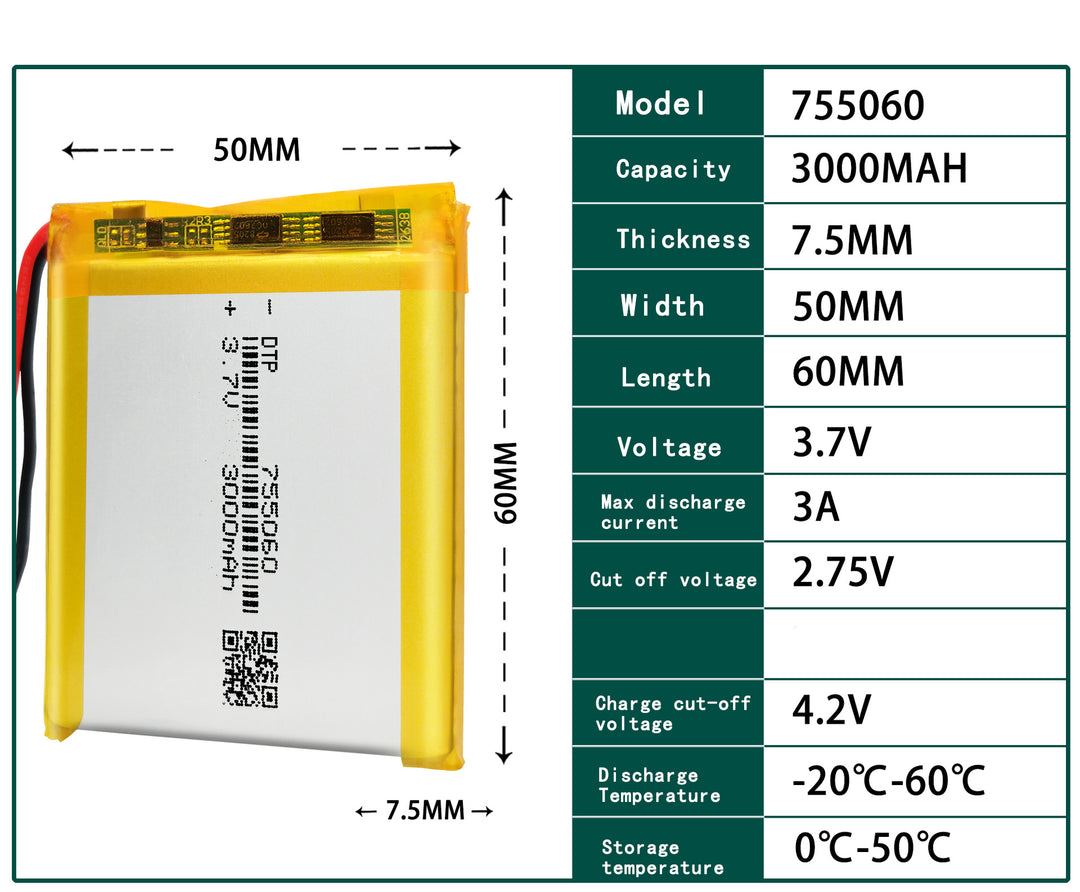 755060 3000mAh 3.7V Lithium Ion Battery (A-grade cell）