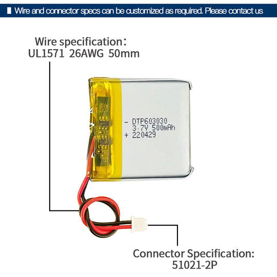 603030 500mAh 3.7V Lithium Ion Battery (A-grade cell）